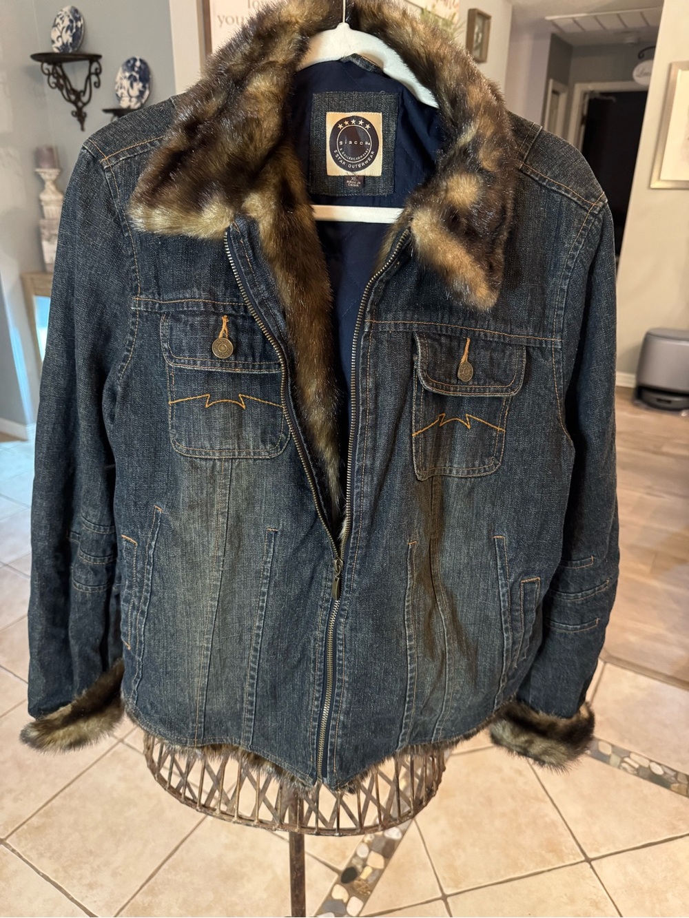 Giacca Gallery Company XL Denim Jacket Faux Fur Trim Y2K Western Boho